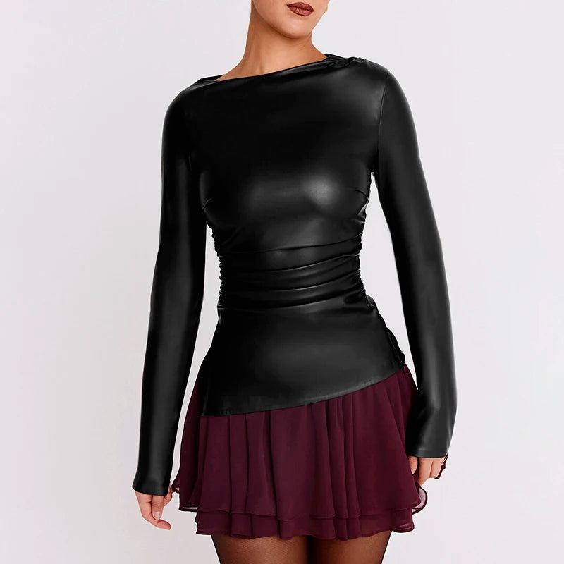 FAUX LEATHER LONG SLEEVE TOP